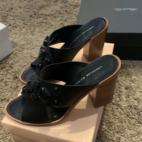 Loeffler Randall black jeweled slides stack heel leather upper/sole size 8 - Picture 2 of 5
